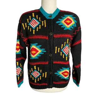 Vintage 80s Heavy Knit Cardigan Sweater S Black Southwestern Aztec Bold Color