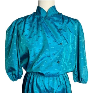 Vintage 80s Button Front Shirt Dress M Blue Floral Puff Sleeves Elastic Waist