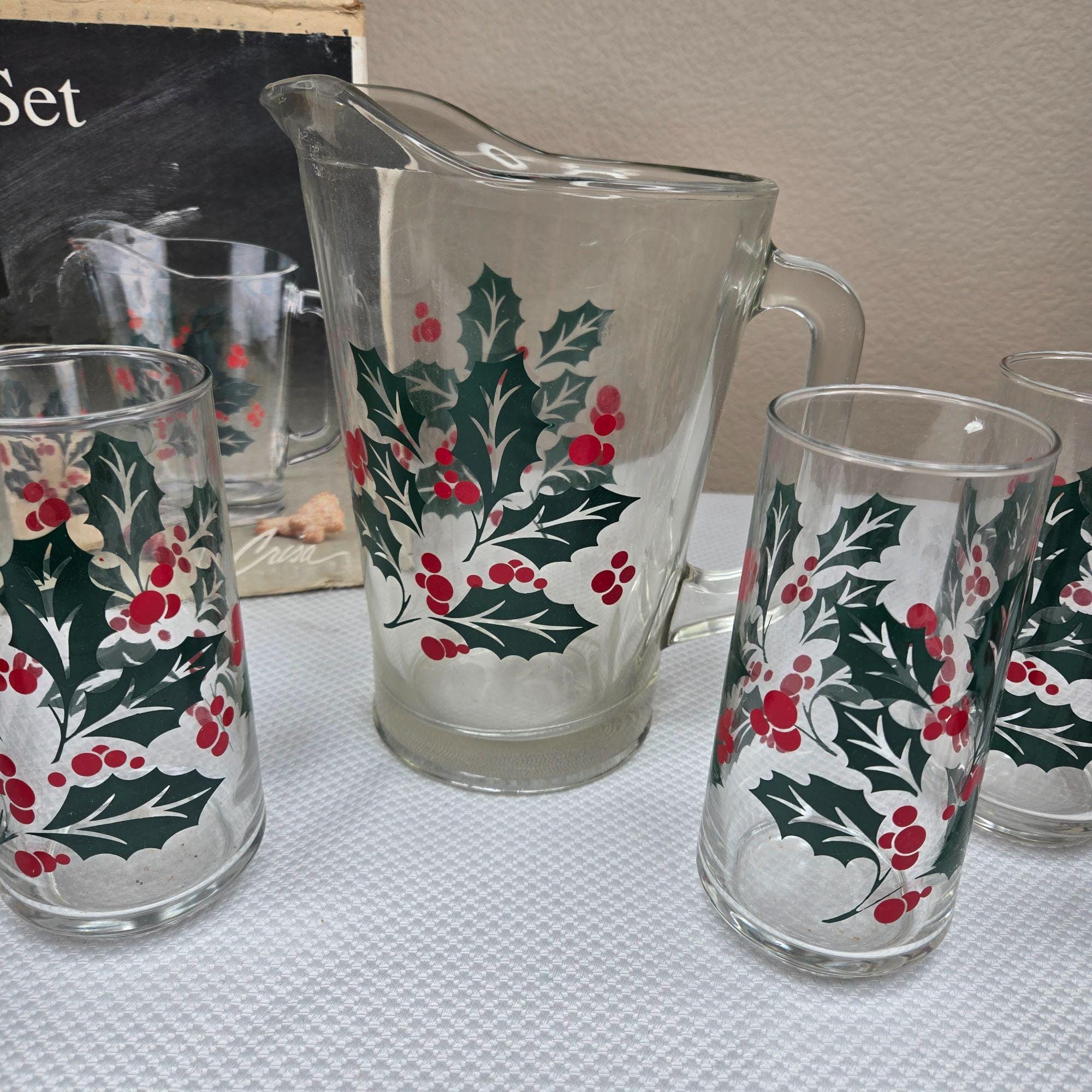 Vintage 7 Pc Beverage Set Holly Berry Design Pitcher Glasses - Etsy display picture 1