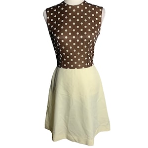 Vintage 60s Mod Polka Dot Sheath Dress S Brown Cream Sleeveless