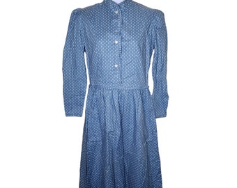 Vintage 80s Lanz High Neck Prairie Dress Womens Size M Blue Floral Modest Cottage