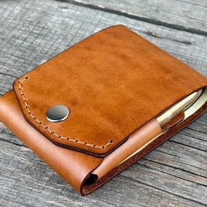 Cartera de cuero con reembolso EDC, minimalista, plegable, con solapa, correa y bolsillo frontal, fina para hombre, tarjetero para mujer, cartera de cuero con bolígrafo espacial.