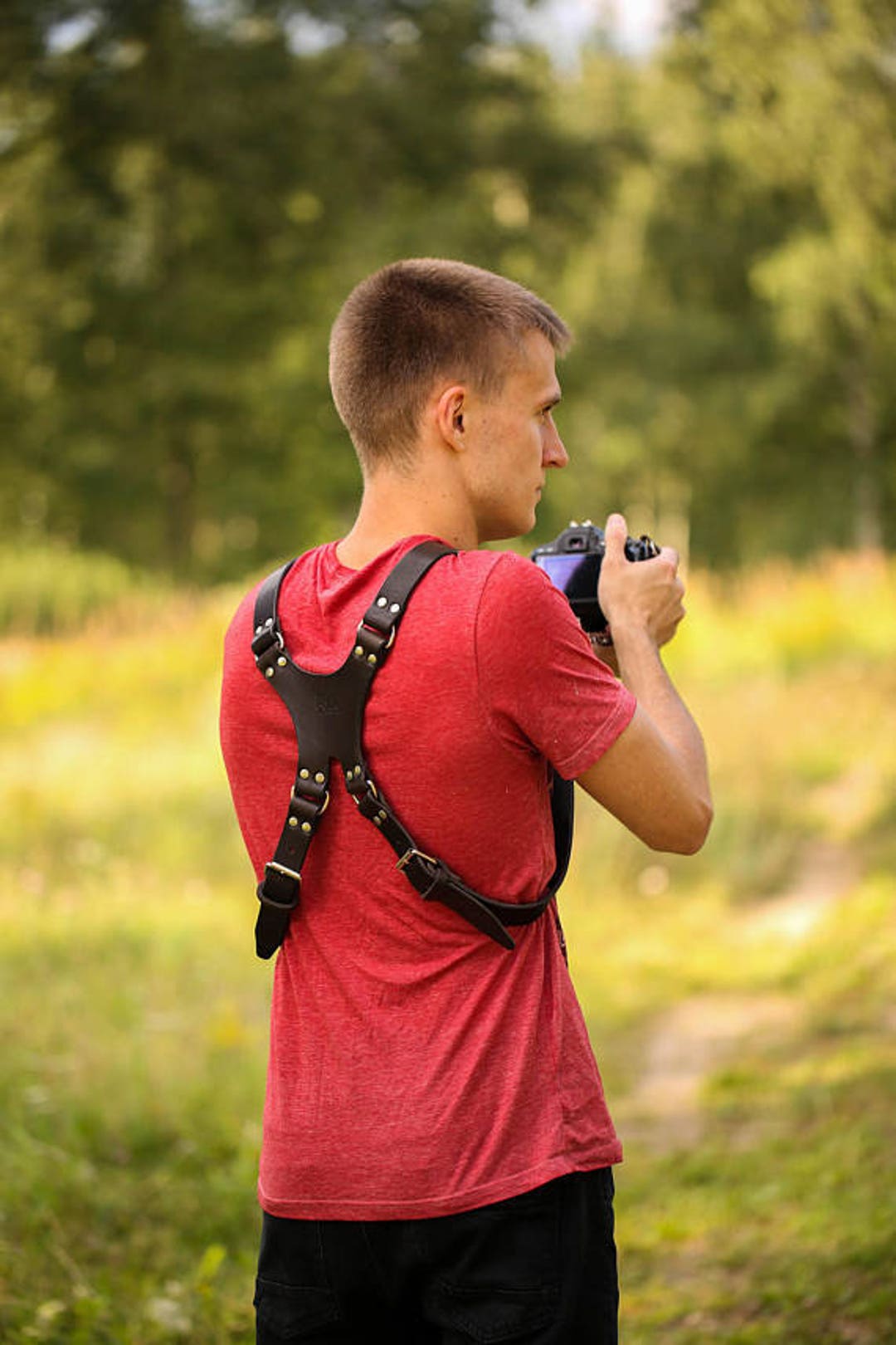 Dual Leather Camera Strap, Double Camera Harness, Double Shoulder