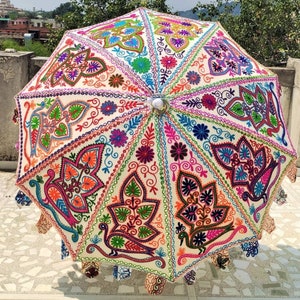 Indian Peacock Vintage Garden Decorative Large Umbrella Sun Shade Cotton Outdoor Parasol Designer Embroidered Cotton Garden Umbrella Paraso