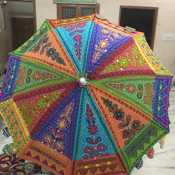 Beautiful Kashmiri Embroidery Umbrella, Indian Handmade Large Parasol Outdoor Patio Decoration, bohemian Beach Umbrella, Garden Umbrellas