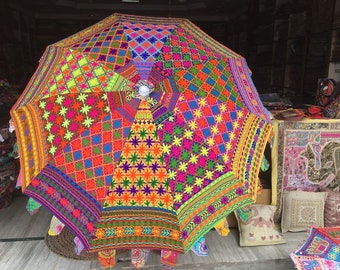 Beautiful Kashmiri Embroidery Umbrella, Indian Handmade Large Parasol Outdoor Patio Decoration, bohemian Beach Umbrella, Garden Umbrellas