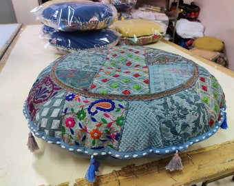 Vintage Banjara Patchwork Khambadia Handmade Pouf Covers Large, Best quality handcrafted home decorative floor cushion covers 28"