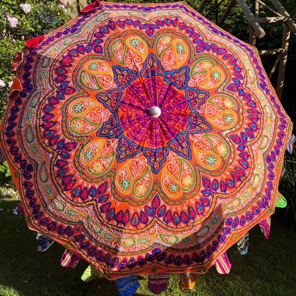 Patio Umbrellas~Unique Suzani Embroideries Decorative Garden Umbrella. Most beautifully handcrafted mirror work large pool side umbrellas