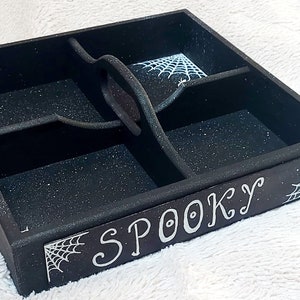 Spooky black tray, Spiderweb tray, Compartments tray, Spiderweb and spider, Spooky decor, Halloween tray, Goth perfume holder, Gothic vanity