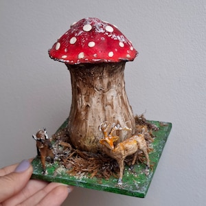 Deer and mushroom, Deer art diorama,  Mushroom diorama, Forest diorama, Deer forest decor, Winter snow diorama, Fairytale diorama, Forest
