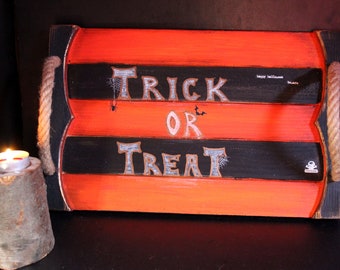 Trick or treat tray Halloween tray Halloween decor Witch decor tray Fall decor tray Kitchen decor Orange - black tray Dining and Serving