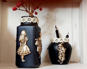 Gothic Alice vase, Gothic Alice decor, Alice in Wonderland, Wonderland decor, White rabbit vase, Wonderland vase, White rabbit decor