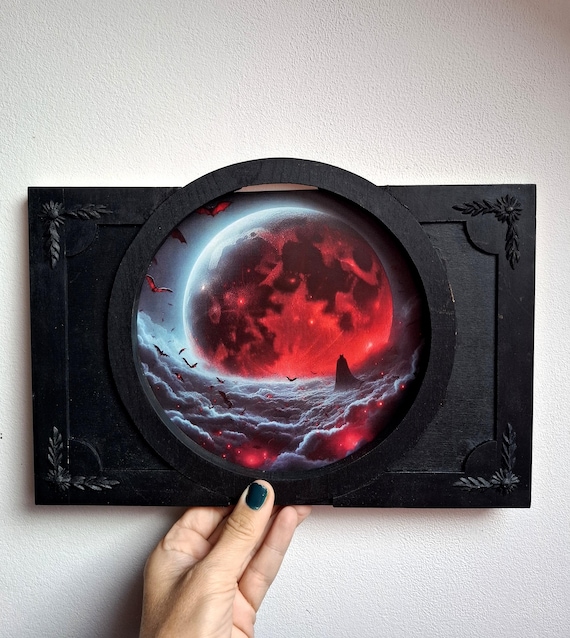 Halloween wall art, Bat and Blood Moon, Bloody Moon decor, Gothic wall frame, Victorian wall frame, Blood Moon frame, Halloween bat decor