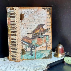 Pianoboekendoos, muziekboekendoos, Victoriaanse boekendoos, klassieke muziekdoos, pianosonatedoos, interieur piano, cadeau muziekdocent