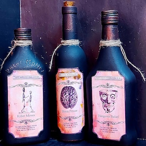Halloween bottles,Apothecary decor, Alchemy bottles, Apothecary bottles, Altered bottles, Poison bottles, Skull and skeleton,Brain and heart