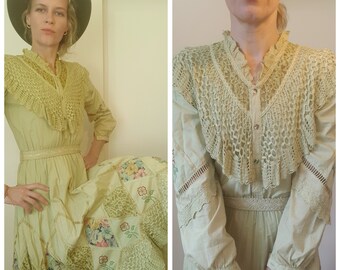 Vintage Victorian Style Embroidered Crochet Lace & Patchwork Detailed Dress // Cottage Core // Earthy Pastel Green // Size Small-Med // Rare