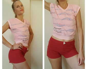 Vintage 2 Piece Set 70s//80s Terry Towel Fitness / Retro Gym Outfit / VTG Tennis Outfit / Size S/M / Sydney Opera House Print / Short Shorts