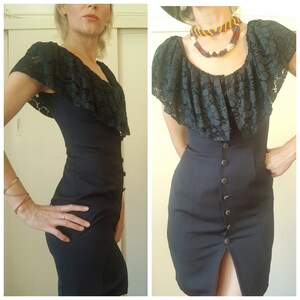80s Vintage LACE COLLAR Capelet Mini Dress // Cocktail Evening Dress // Sexy // 80s Glam Goddess // Size Small // Buttons Down // Gothic
