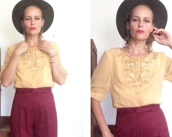 Vintage 60's Peachey Floral Hand Embroidered Tunic Blouse // Boho Folk Festival // Sheer Layer // Size Sm // Ethnic // Feminine // Handmade