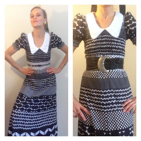 70s Vintage Black and White Geometric Maxi Dress // Boho Hippy // Feminine // Retro Bold Print // Festival // Cottage Core // Size Small VTG