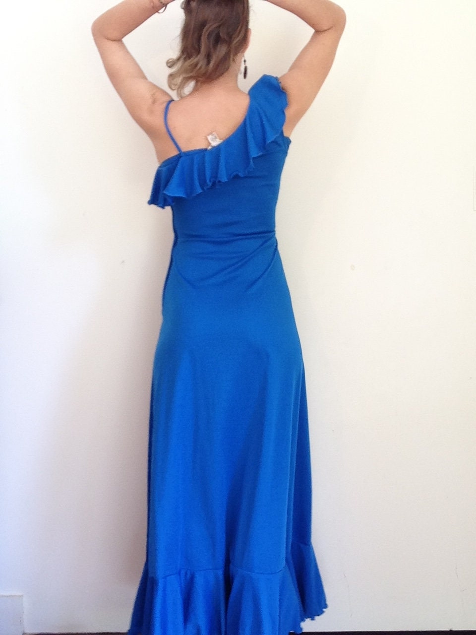 Vintage 70s RUFFLE GODDESS Evening Gown // Stunning Cobalt Blue // Slit ...