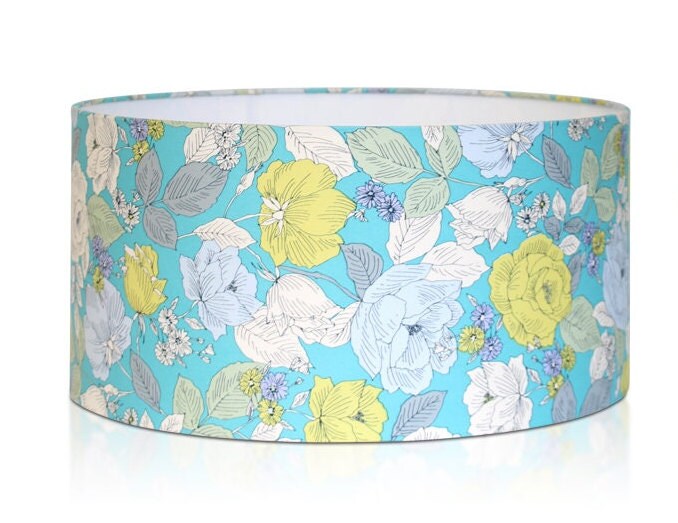 Abat-Jour ou Suspension Motif Fleur Bleu et Jaune Tissu Japonais Lustre Plafonnier Cylindrique Idée 