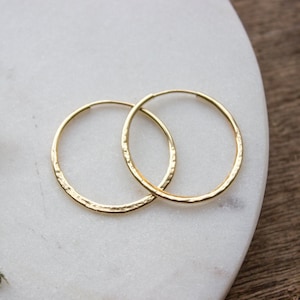 Hammered Gold Hoop Earrings, Textured Small Gold Earring Hoops, Medium 14k Gold Filled Simple Hoops, Hand Forged 25mm - #04AE-05-043