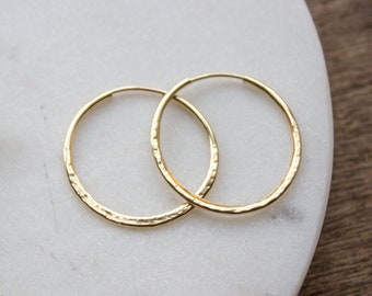 Hammered Gold Hoop Earrings, Textured Small Gold Earring Hoops, Medium 14k Gold Filled Simple Hoops, Hand Forged 25mm - #04AE-05-043