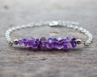 Amethyst Silver Bracelet, February Birthstone, Raw Gemstone Bar Bracelet, Purple Crystal Sterling Silver Chain, Gift For Her #01AB-03-024