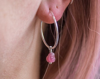Sterling Silver Hoop Earrings, Raw Tourmaline Charms, Natural Pink Gemstone, Crystal Endless Everyday Hoops - #04AE-05-030