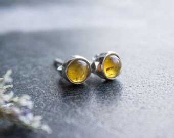 Amber Sterling Silver Stud Earrings, Small Baltic Amber Crystal Studs, Mini Gemstone Ear Studs, Tiny Silver Earrings - #04AE-01-014