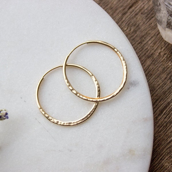 Hammered Small Gold Hoop Earrings, 14k Gold Earring Hoops, Medium Gold Minimalist Simple Hoops, Gift For Her, Gift Box  - #04AE-05-043