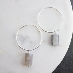 Sterling Silver Hoop Earrings with Raw Labradorite Charm Beads, Natural Crystal Gemstone, Wedding Boho Minimalist Bridal Hoops 04AE-05-036 image 1