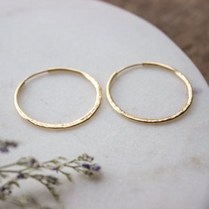 Hammered Gold Hoop Earrings, Textured Small Gold Earring Hoops, Medium 14k Gold Filled Simple Hoops, Hand Forged 25mm 04AE-05-043 image 3