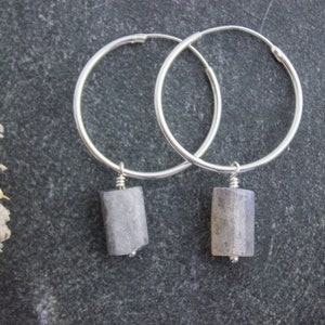 Sterling Silver Hoop Earrings with Raw Labradorite Charm Beads, Natural Crystal Gemstone, Wedding Boho Minimalist Bridal Hoops 04AE-05-036 image 4