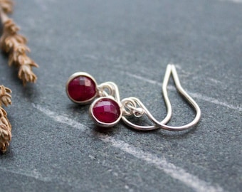 Mini Ruby Earrings, Red Gemstone Dangle Earring, Sterling Silver Birthstone Crystal Earring Hooks, Drop Earrings - #04AE-02-029