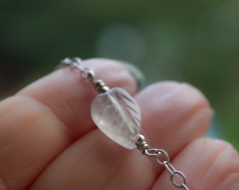 Rose Quartz Leaf Crystal Bracelet, Tiny Gemstone Sterling Silver Chain, Nature Jewellery, Natural Pink Stone Bracelet #01AB-03-023