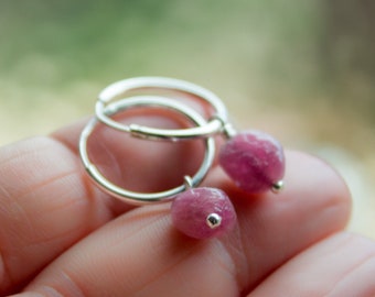 Small Silver Hoop Earrings, Raw Tourmaline Crystal Charms, Pink Gemstone Bead Hoops, Sterling Silver, Mini Hoops 16mm- #04AE-05-051