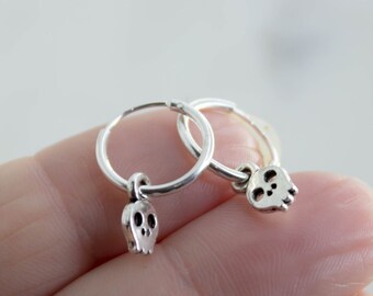 Tiny Sterling Silver Skull Hoops, Small Hoop Huggie Earrings, Halloween Spooky Charm Earrings, Dangle Earring - #04AE-05-057