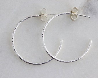 Hammered Sterling Silver Hoop Earrings, Small - Large Minimalist Ear Hoops, Textured Unique Hoop Ear Posts, Gift For Her - #04AE-05-058