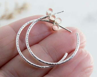 Hammered Sterling Silver Hoop Earrings, Minimalist Ear Hoops, Small / Medium Textured Everyday Hoops, Gift For Her 25mm - #04AE-05-058