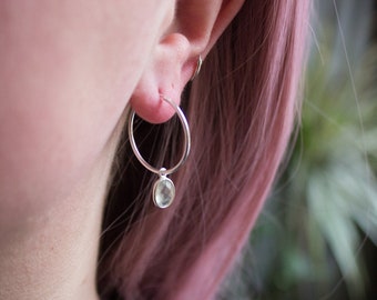 Prehnite Silver Hoop Gemstone Earrings, Sterling Silver Dainty Endless Hoops, Green Oval Crystal Hoops - #04AE-05-018