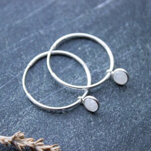 Moonstone Hoop Earrings, Gemstone Sterling Silver Hoops, Small Dainty Endless Hoops, Coin Natural Crystal Hoops 04AE-05-024 image 2