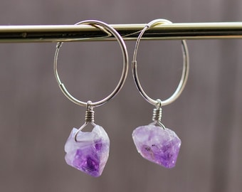 Raw Amethyst Silver Hoop Earrings, Gemstone Sterling Silver, Purple Crystal Endless Hoops, Witch, Boho Bridal Earrings - #04AE-05-054