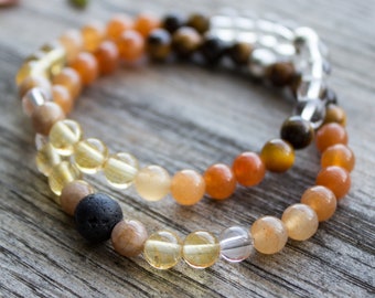 Citrine & Sunstone Gemstone Bracelet Set, Aromatherapy Stacking Bracelets, Lava Rock Essential Oil Diffuser (2 Bracelets) - #09GS-01-004