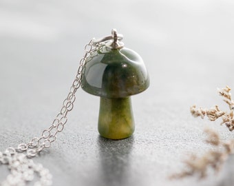 Moss Agate Mushroom Necklace, Sterling Silver Natural Gemstone Pendant, Unique Crystal Mushroom Gift, Green Toadstool Necklace -#02AN-03-034