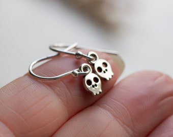 Tiny Skull Earrings Halloween, Sterling Silver Hooks, Spooky Occult Drop Earrings, Dangle Earring - #04AE-03-005