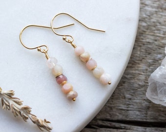 Pink Opal Gold Earrings, Natural Gemstone 14k Gold Fill Drop Earrings, Small Crystal Dangle Jewellery - #04AE-02-022