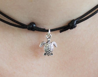 Tiny Turtle Necklace, Cute Ocean Charm Jewellery, Animal, Beach, Sea Necklace, Black Vegan Necklace - #02AN-05-003