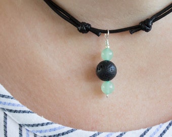 Green Aventurine Essential Oil Necklace, Aromatherapy Lava Rock Gemstones, Crystal Mens Womens Necklace - #02AN-07-003